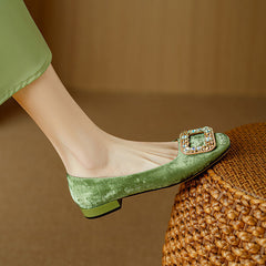 Socofy Leather Rhinestone Square Toe Chunky Heel Flats