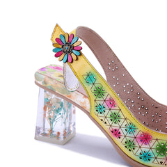 Socofy Handmade Leather Baroque Style Flower High Heel Sandals