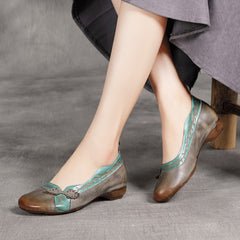 Socofy Handmade Leather Round Toe Low Heel Flats