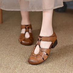 2025 Summer Genuine Leather Comfortable Soft Sole Soft Side Vintage Roman Chunky Heel Flat Sandals