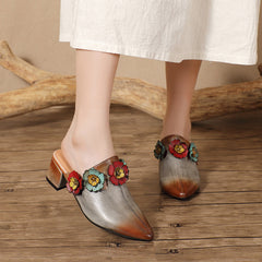 Socofy Retro Design Handcrafted Leather Low Heel Open Toe Slipper