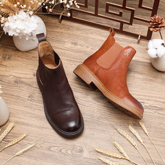 Socofy Fall Winter Genuine Leather Mid Heel Chelsea Boots