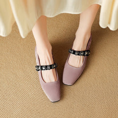 Socofy Autumn Square Toe Sheepskin Metal Buckle Chunky Heel Shoes
