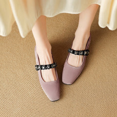 Socofy Autumn Square Toe Sheepskin Metal Buckle Chunky Heel Shoes