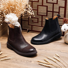 Socofy Fall Winter Genuine Leather Mid Heel Chelsea Boots