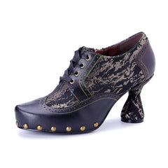 Socofy Fall Winter Handmade Leather Patchwork Print Studded High Heel Shoes