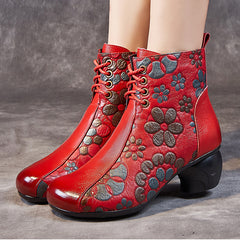 Socofy Leather Print Block Heel Short Boots