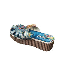 Socofy Leather Ethnic Style Candy Colored Platform Slippers