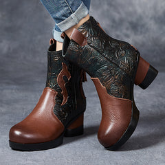 Socofy Full Grain Leather High Heel Short Boots