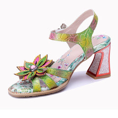 Socofy Summer Handmade Leather Vintage Flower High Heel Sandals