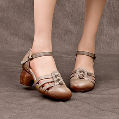 Socofy Handcrafted Buckle Leather Round Toe Chunky Heel Sandals