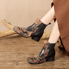 Socofy Handmade Leather Chinese Style Square Toe Engraved Short Boots