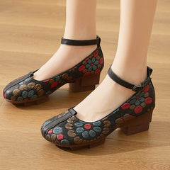 Socofy Handmade Leather Floral Ankle Strap Low Heel Shoes