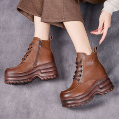 Socofy Top Grain Leather Retro Platform Short Boots