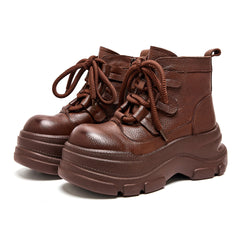 Socofy Leather Vintage Doll Toe Short Boots