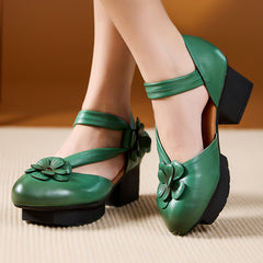 Socofy Handmade Retro Leather Pointed Toe Chunky Heel Sandals