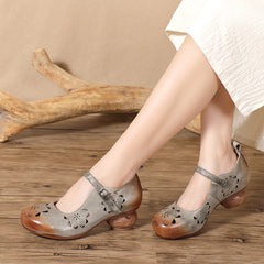 Chic Round Toe and Cutout Design Retro Soft Leather Mid Heel Shoes