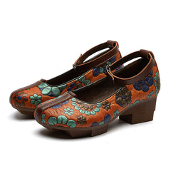 Socofy Handmade Leather Floral Ankle Strap Low Heel Shoes
