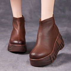 Socofy Top Grain Leather Retro Platform Short Boots