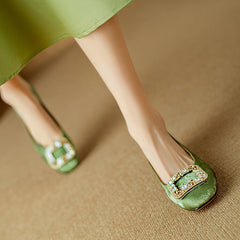 Socofy Leather Rhinestone Square Toe Chunky Heel Flats