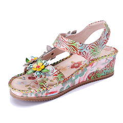 Socofy Handmade Leather Retro Floral Sandals