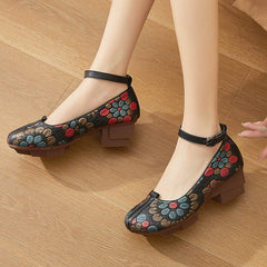 Socofy Handmade Leather Floral Ankle Strap Low Heel Shoes