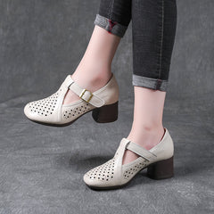 Socofy Vintage Leather Cutout Sandals