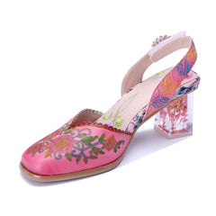 Socofy Handmade Leather Palace Style Carved High Heel Sandals