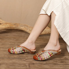 Socofy Summer Breeze Retro Handmade Leather Low Heel Closed Toe Slippers