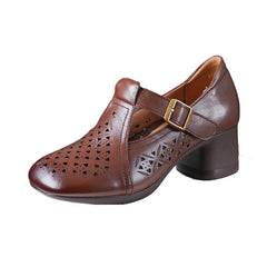 Socofy Vintage Leather Cutout Sandals