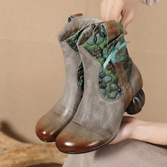 Socofy Handcrafted Leather Retro National Style Floral Mid Calf Boots