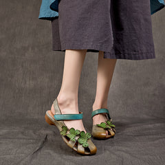 Socofy Handmade Leather Butterfly Closed Toe Low Heel Sandals