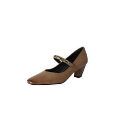 Socofy Autumn Leather Square Toe Retro Chunky Heel Shoes