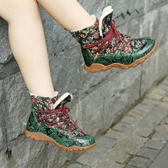 Socofy Handmade Printed Leather Short Boots
