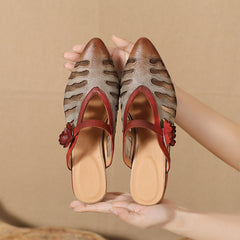 Socofy Vintage Handmade Leather Floral Cutout Pointed Toe Mid Heel Slipper