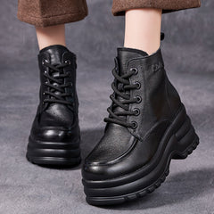 Socofy Top Grain Leather Retro Platform Short Boots