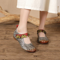 Socofy Summer Breeze Retro Handmade Leather Low Heel Flats