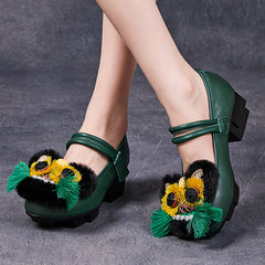 Socofy Retro Ethnic Top Grain Cowhide Chunky Heel Shoes