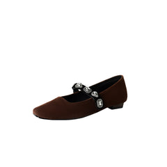 Socofy Autumn Square Toe Sheepskin Metal Buckle Chunky Heel Shoes