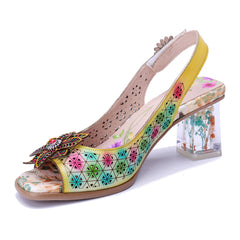Socofy Handmade Leather Baroque Style Flower High Heel Sandals