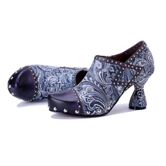 Socofy Fall Winter Handmade Leather Printed Studded High Heel Shoes