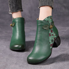 Socofy Full Grain Leather Mid Heel Short Boots