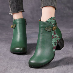 Socofy Full Grain Leather Mid Heel Short Boots