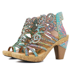 Socofy retro casual ethnic style fish mouth top layer cowhide flower fashion women's sandals