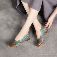 Socofy Handmade Leather Round Toe Low Heel Flats