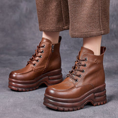 Socofy Top Grain Leather Retro Platform Short Boots