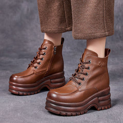 Socofy Top Grain Leather Retro Platform Short Boots