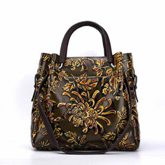 Socofy Top Grain Leather Sculpted Floral Tote Bag