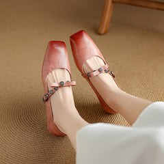 Socofy Spring Autumn Square Toe Leather Flat Heel Shoes