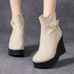 Socofy Full Grain Leather Printed Chunky Sole Short Boots